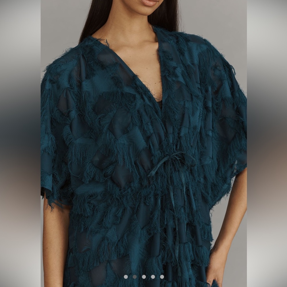 By Anthropologie Teal Fringe Tiered V-Neck Maxi Dress One Size S M L - Picture 2 of 9
